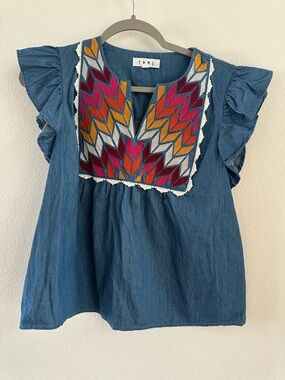 THML Blue Denim Blouse with Multicolor Embroidered Yoke